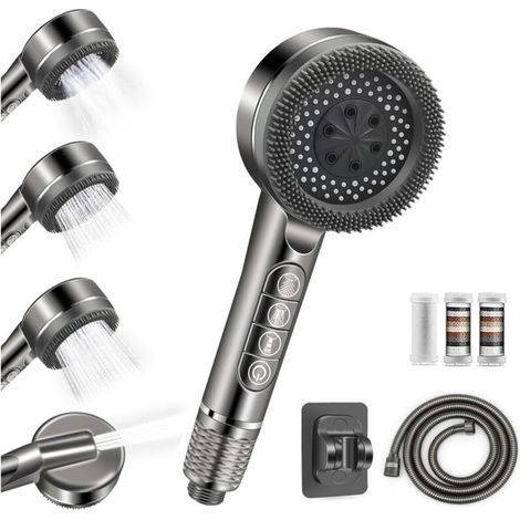 Pommeau deouche Haute Pression, Pommeau Douche Economie Deau 4 Types de Jets Pommeau de Douche Anti Calcaire avec Tuyau Douche 1.5M et Support de Douche, avec Bouton D'arrêt D'eau,Gris (1/4)