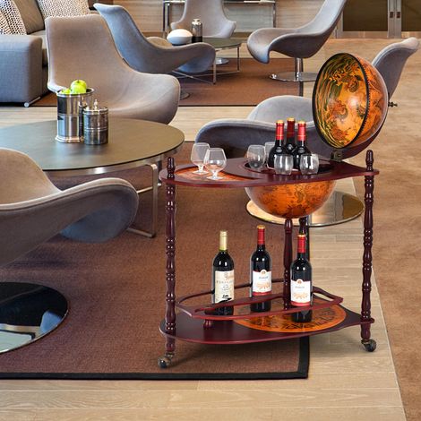 Design vintage globe, chariot à vin avec étagère et roulettes, desserte bar pour salon ou salle à manger (1/5)