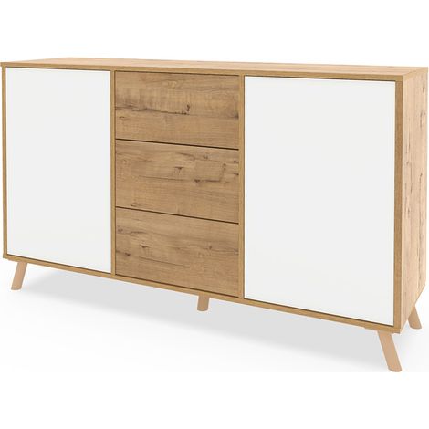 Commode meuble de rangement 2 portes et 3 tiroirs coloris Chêne doré/Blanc - Longueur 140 x Hauteur 89 x Profondeur 40 cm (1/4)