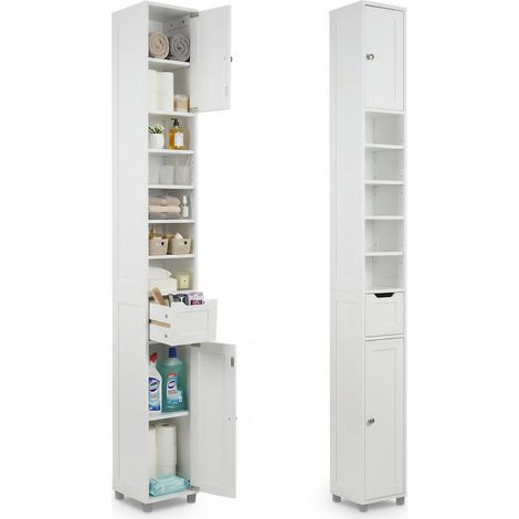 Meuble de Rangement Haut Armoire de Salle de Bain avec Etagère Réglable Tiroir et Armoires à Portes Meuble Colonne pour Chambre Salon Cuisine et Couloir 20x20x180cm Blanc (1/5)