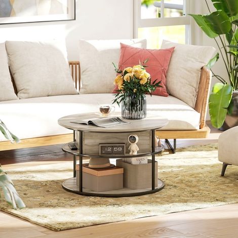Table basse relevable ronde Ø80 cm avec rangement, chêne HAVRYA (1/5)