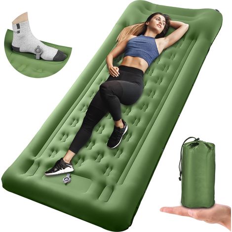 11 cm selbstaufblasende isolierte Campingmatratze mit Fußpumpe, ultraleichte und wasserdichte Einzelluftmatratze für Rucksackreisen, Outdoor, Camping, Reisen, Strand (grün)