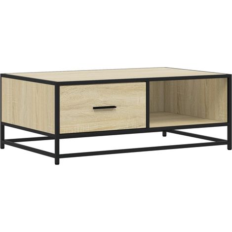 Tavolino con cassetto e vano a giorno design industriale 90 x 57 x 35 cm in legno ingegnerizzato color rovere e metallo DEC039068