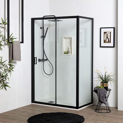 Porta Doccia Nicchia Nero Opaco Con 1 Anta Fissa E 1 Anta Scorrevole Da 100 Cm + Parete Fissa L: 80 Cm H:190 Cm Cristallo Trasparente City