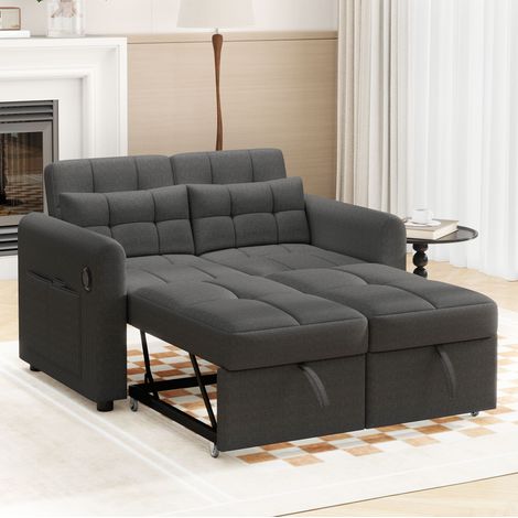 Sofa 142x85 cm 3-in-1 verwandelbar aus grauem Baumwoll-Leinenstoff, verstellbare Rückenlehne und USB-Anschlüsse (1/5)