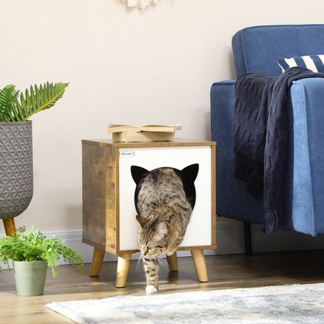 Maison Chats Intérieure Coussin Lavable Pattes Surélevées Animaux Compagnie Bois Marron 34x34x44,5cm (1/4)