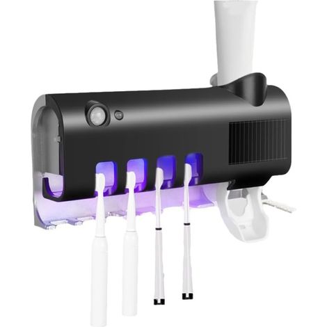 Soporte para cepillos de dientes con esterilizador UV y luz LED, ranura principal para 4 cepillos de dientes + dispensador de pasta de dientes, color negro, 4 compartimentos, soporte para cepillos de  (1/5)
