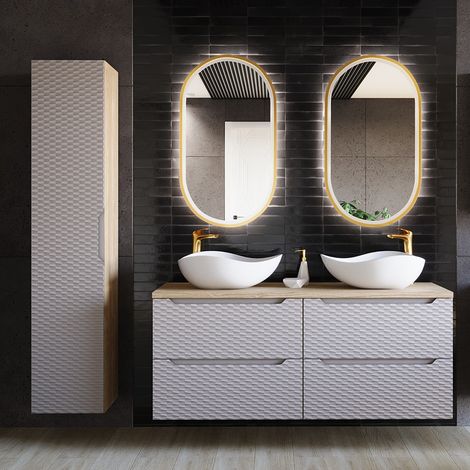 Badmöbel Set 4-teilig mit 120cm Doppelwaschtisch, Eiche mit beige, OLUO-56-BEIGE (1/5)