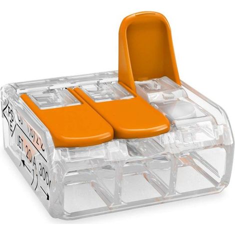 Verbindungsklemme – 50-teiliges Set 3-adriger Verbindungsklemmen 0,2–4 mm², mit Betätigungshebel, transparent und kompakt (1/2)