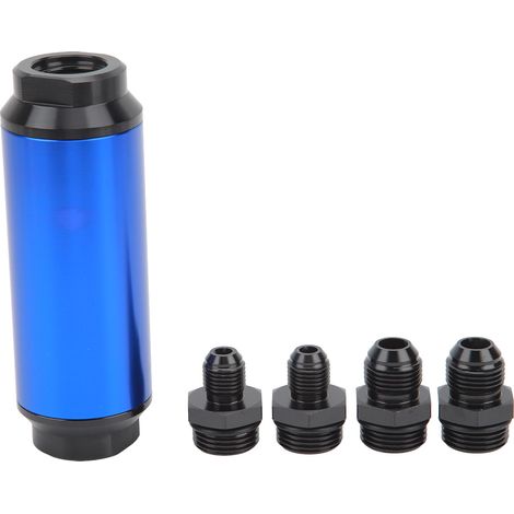 Filtre à carburant en ligne 44mm avec raccords adaptateurs AN6 AN8, filtre à huile universel bleu pour modification auto (1/5)