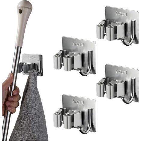 Lot de 4 Accroche Balai Mural Sans Percer en Acier Inoxydable,Porte Balais Mural Sans Percage,Support Balai Adhesif,Range Balai Mural,Rangement Balai Pour Salle de Bain, Cuisine, Jardin, Bureau