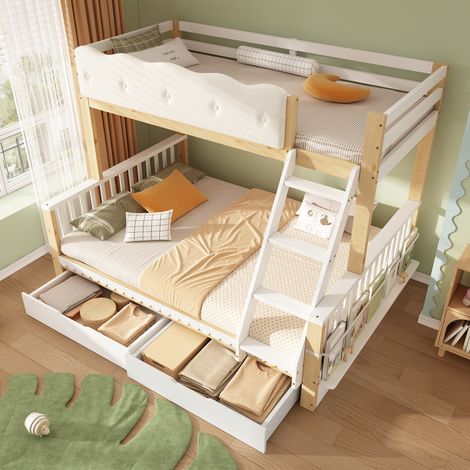 Lit superposé enfant en bois 90x200 et 140x200 cm Lit familial avec garde-corps nuage, 2 tiroirs et porte-revues, blanc et chêne (1/5)