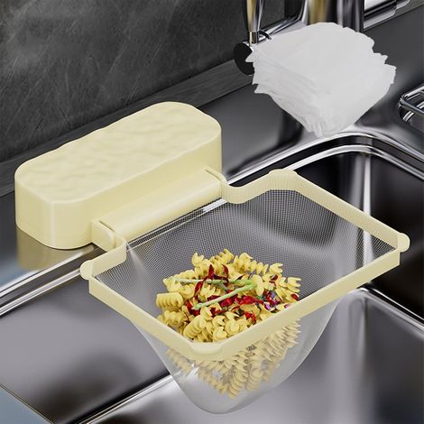 Passoire d évier pliable jaune avec ventouse et 200 sacs en maille grille anti déchets alimentaires acier inoxydable pour une organisation optimale de l (1/5)