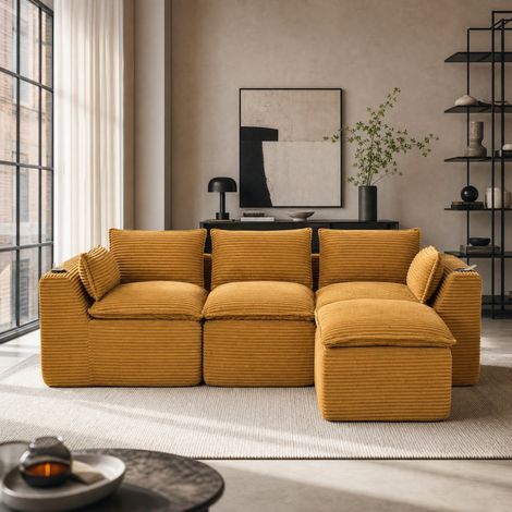 Canapé d'angle modulable 3 places 256cm, Tissu velours côtelé, Canapé droit avec repose-pieds, poches latérales et porte-gobelet,orange (1/5)