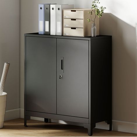 Armoire de bureau noire en métal avec portes verrouillables et 2 niveaux de rangement (1/4)