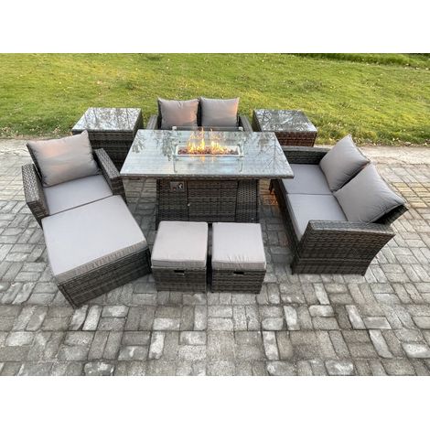 Fimous 8 Seater Rattan Outdoor Garden Furniture Gas Fire Pit Table Sets Gas Heater with Love Sofa Armchair 3 Footstools 2 Side Tables Dark Mixed Grey (1/5)