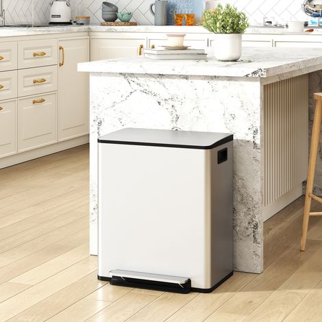 Poubelle tri selective 2 bacs 50L, inox brossé, couvercle amorti silencieux, dimensions 47,7x37,5x56cm, couleur argent métallisé (1/5)