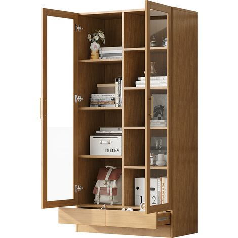 ELVMI Vitrina con 9 Compartimentos y 1 Cajón de Apertura a Presión, Salón, MDF y Vidrio, 80 x 40 x 160 cm, Madera Natural (1/5)