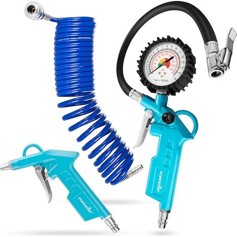 Kit d'accessoires pour air comprimé : Gonfleur de pneus (0-16 bar, tuyau: 340 mm), Tuyau spiralé pour air comprimé 5m, Pistolet de soufflage (12 bar) (1/4)