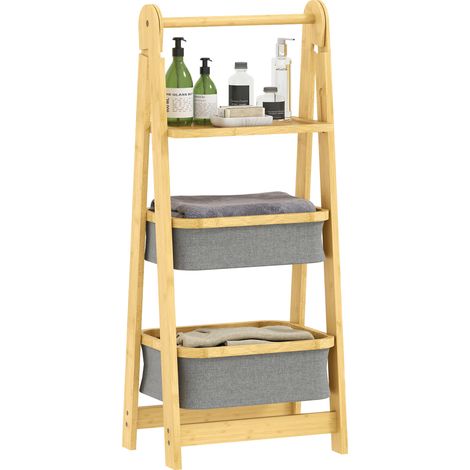 HOMCOM estantería para baño plegable de bambú, estante de baño con 2 cestos para ropa sucia, estante abierto, para dormitorio, lavadero, gris (1/5)