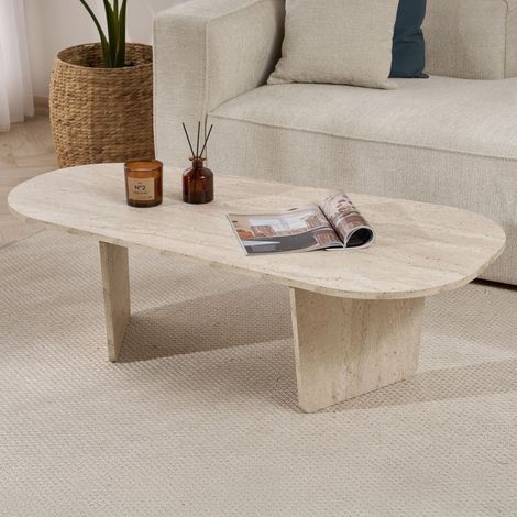 Mesa de Centro Dozza, Forma Ovalada, Tapa de Madera Aglomerada, Color Blanco, 130x65x40h cm Mármol Blanco (1/5)
