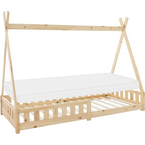 ML-Design Kinderbett Tipi 90x200 cm Natur mit Matratze H:10cm, Rausfallschutz & Lattenrost, Kiefernholz, Indianer Bett für Mädchen & Jungen, Hausbett mit Zaun, Bodenbett Jugendbett Spielbett Holzbett