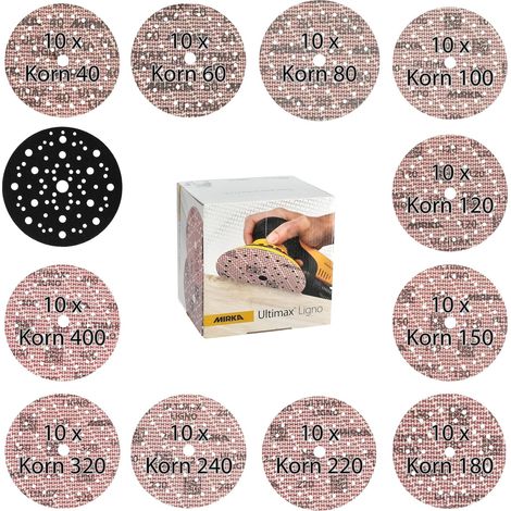 Mirka Ultimax Ligno Klettschleifscheiben Ø 150 mm, Mix-Pack 40/60/80/120/150/180/240/320/400, 91 Stk inkl. Pad Saver (1/5)