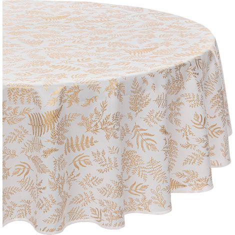 Nappe de Fêtes ronde anti-taches Blanche imprimé Feuillage doré D 180 cm - Feeric Christmas