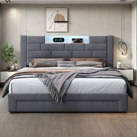 Bett 140x190 cm - TANANT - Doppelbett mit LED - 3 Schubladen - grauer Samtstoff - 2 Plätze