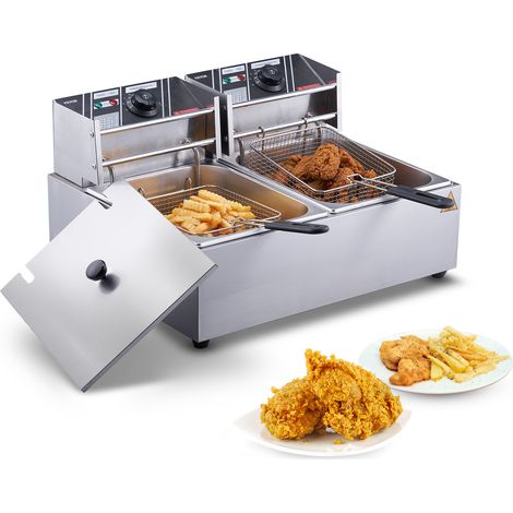 VEVOR Freidora Electrica Comercial 2 Tanques 10 L 5000 W Freidora de Aceite de Acero Inoxidable con 2 Cestas para Freír Tapas Temperatura Ajustable 50-200 °C para Aros de Cebolla Pollo Papas Fritas