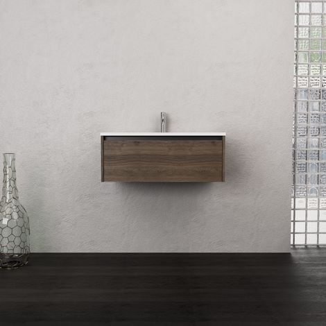 Inda - Badezimmerschrank 1 Schublade B.80 mit mattiertem Waschbecken / Braune Eiche - Smeraldo