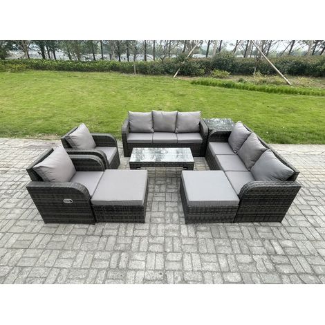 Fimous Polyrattan Sofa Set 10-Sitzer Terrassen Gartenmöbelset mit 2 Liegestühle Couchtisch Beistelltischen 2 hohen Hockern Dunkelgrau Gemischt (1/5)