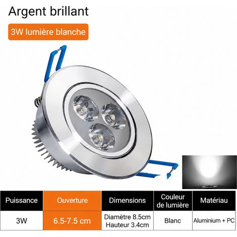 Spot encastrable LED de plafond 3W lumière blanche diamètre 8,5 cm argent brillant 8.5 cm 3w réf 80 g – Livraison gratuite