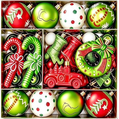Kit de décoration de Noël – 51 ornements verts, rouges et blancs, incluant des boules classiques avec attache incassables, adaptés à une utilisation intérieure et extérieure, pour décorer le sapin ou (1/5)