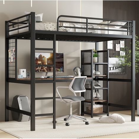 Lit mezzanine 90 x 200 cm en MDF noir foncé avec bureau, rangements et échelle (1/5)