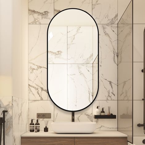 Miroir mural arqué 60x120 cm en verre, cadre aluminium noir modulable pour salle de bain FloraGrace (1/5)