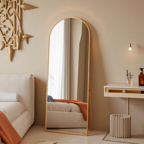 Specchio arcuato a lunghezza intera, grande specchio da pavimento, 165×60 cm, specchio a muro per camera da letto con prezioso telaio dorato