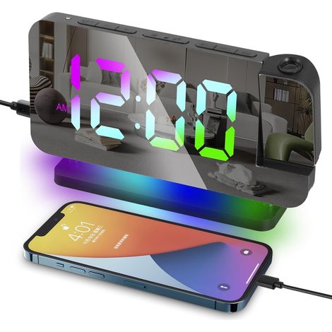 Réveil à Projection, Horloge Numérique avec Projecteur Rotatif à 180°, Affichage LED 11 Couleurs, 10 Veilleuse RVB, Luminosité Réglables, Volume Variable et Snooze, Réveil Miroir Chambre (1/5)