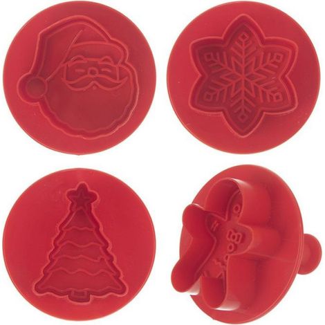 Emporte-pieces - Sapin Flocon Bonhomme Tete Pere Noel - Avec Piston - Plastique Rouge - 4 Pièces (1/5)