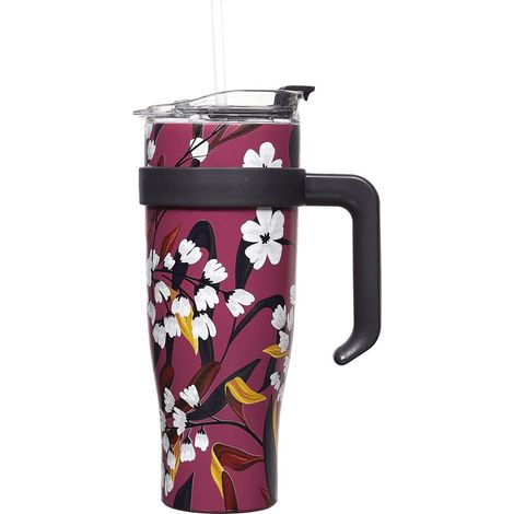 Tazza termica Fleur da 1,2 litri con manico e cannuccia, rosa (1/3)