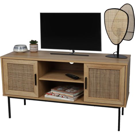 TV-Möbel mit 2 Türen und 2 Regalen – Maße 120x39x63 cm, Türen aus Jute, Farbe helles Eichenholz – Kollektion SAVORY