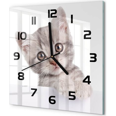 Horloge Murale Carrée en Verre Trempé Silencieuse Design Moderne Salon Cuisine Chat gris 30x30 cm (1/5)