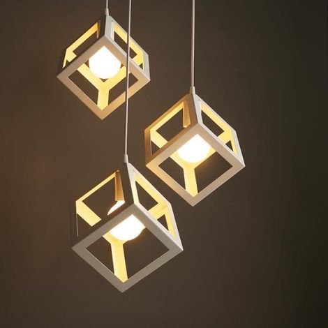 Suspension - Cage Métallique Carrée - Blanc - Pour Plafond Salon Chambre Salle - E27 - 16 cm - 100 cm Réglable (1/4)