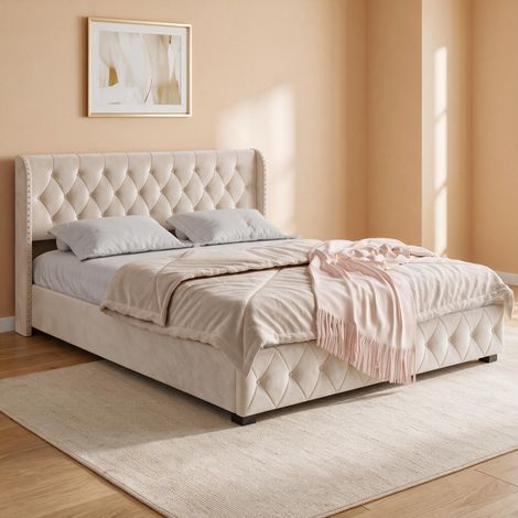 Cama doble 140×190 cm – Cama con arcón – Tachuelas decorativas – Somier de láminas – Terciopelo beige (1/5)