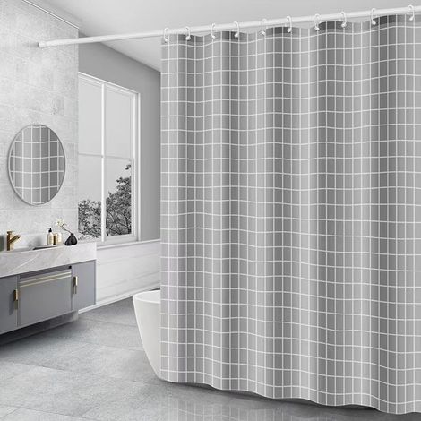 Duschvorhang ohne Bohren, kariert, PEVA, schimmelresistent, wasserdicht, 150 x 200 cm