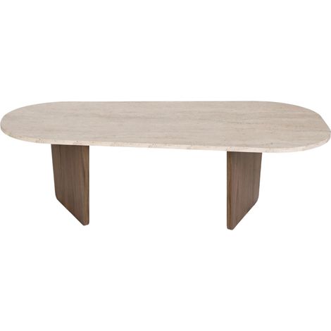 Table basse ovale en bois et effet travertin 130x65cm - Beige - Soma (1/5)