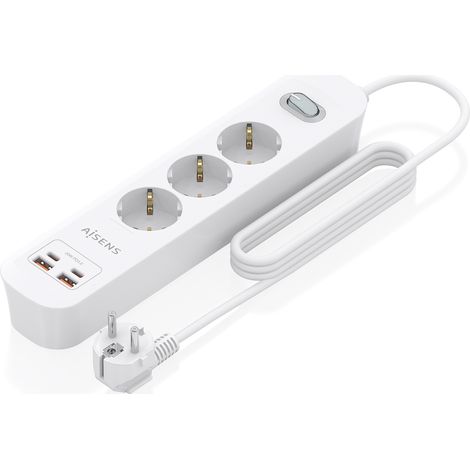 Regleta con Interruptor Aisens ASPS-2A2C10-W/ 3 Tomas de Corriente/ 2 USB - 2 USB Tipo-C/ Cable 1.4m/ Blanco