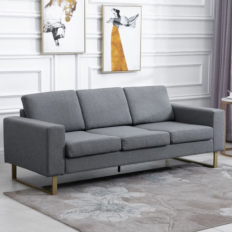 Sofá 3 plazas 200x82x78 cm gris oscuro en madera y lino con cojines acolchados (1/5)