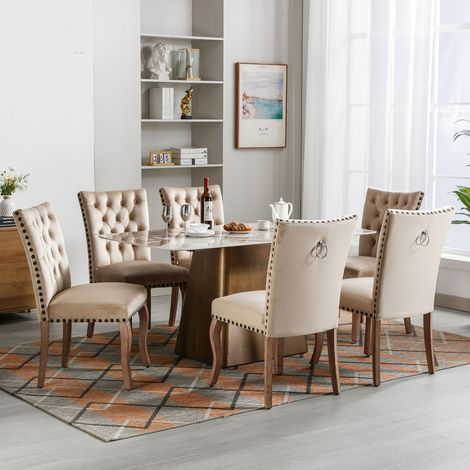 Lot de 6 chaises de salle à manger en velours camel, dossier avec poignée heurtoir, pieds bois massif (1/5)