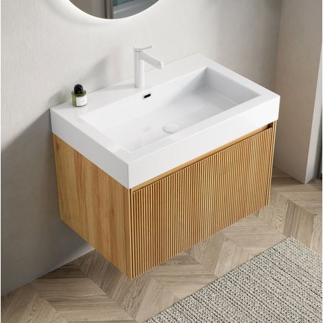 Mueble de lavabo suspendido 70 cm con 1 cajón, premontado, blanco/natural HAVRYA (1/5)
